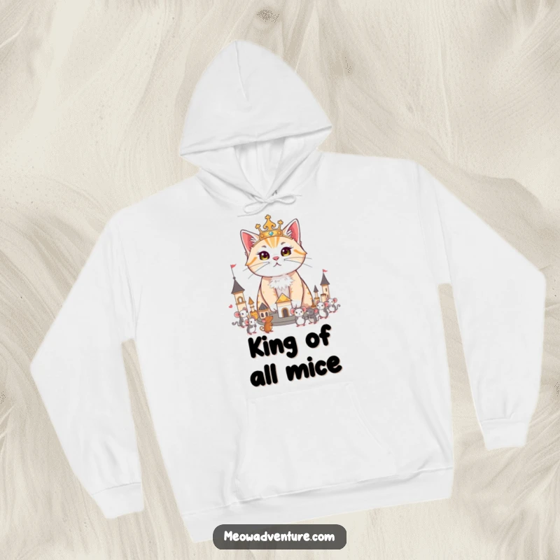 Funny hoodie depicting a regal cat surveying its miniature kingdom of toy mice, designed for comfort and commanding style.