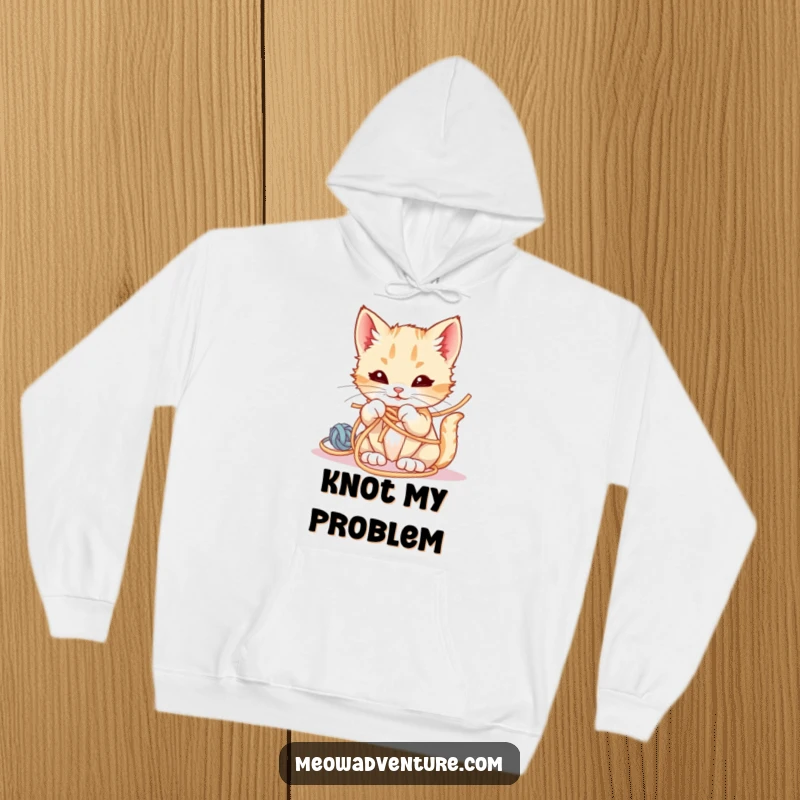 Funny Hoodie print of a kitten looking cheeky while stuck in a large, colorful ball of yarn, radiating mischief.