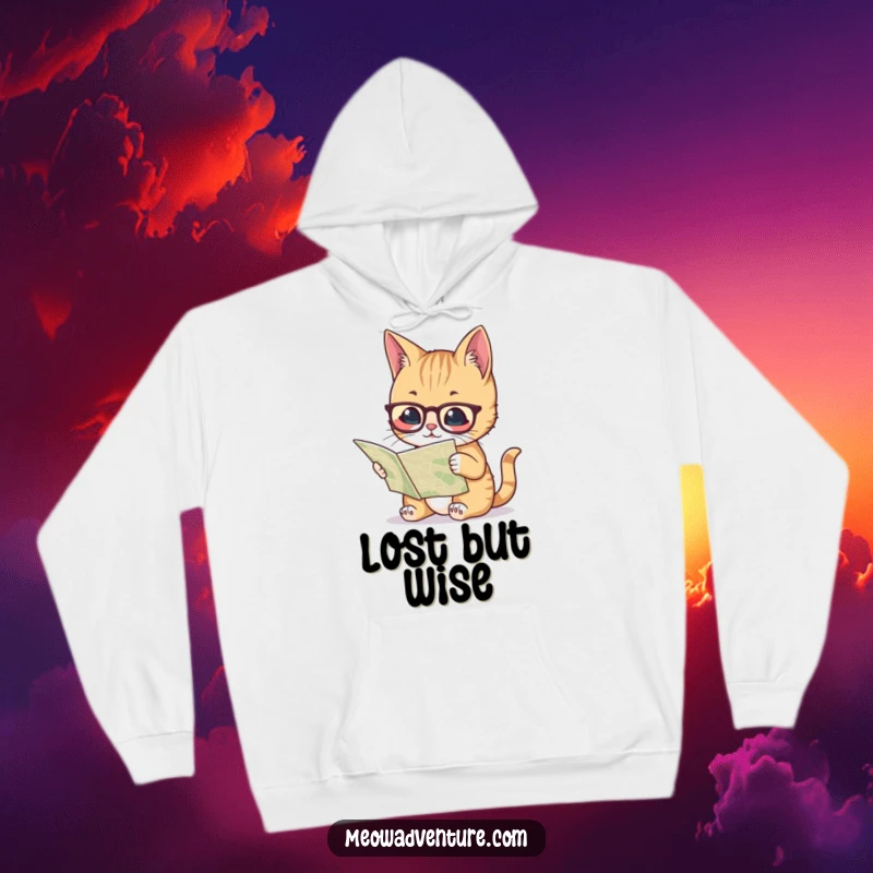 Funny hoodie showing a studious cat wearing spectacles and poring over a map, ideal for intellectuals who appreciate humor.