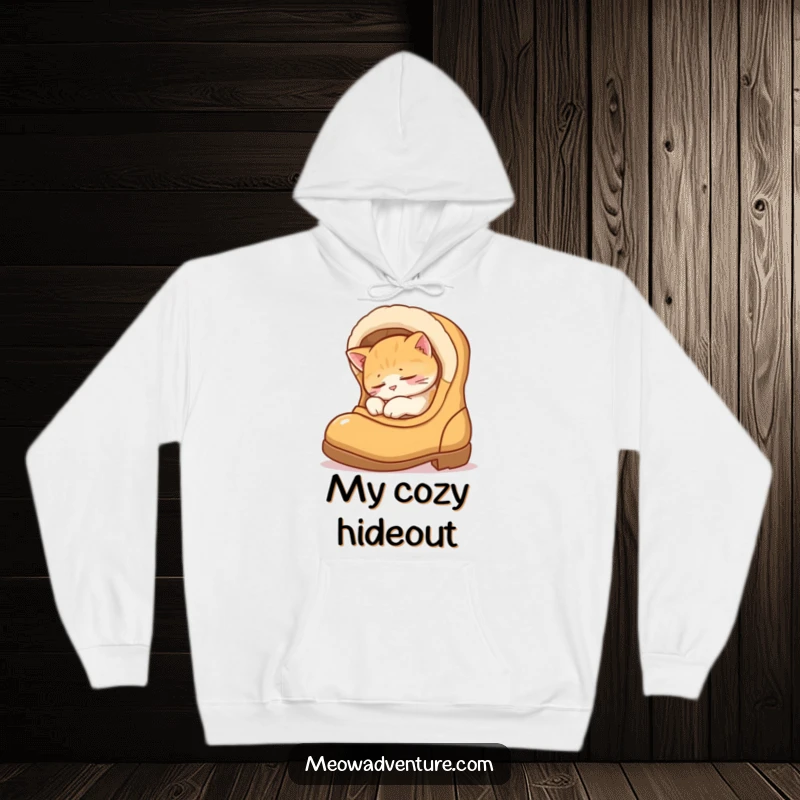 Funny hoodie depicting a soundly sleeping cat finding cozy refuge inside a boot, perfect for lounging and humorous comfort.