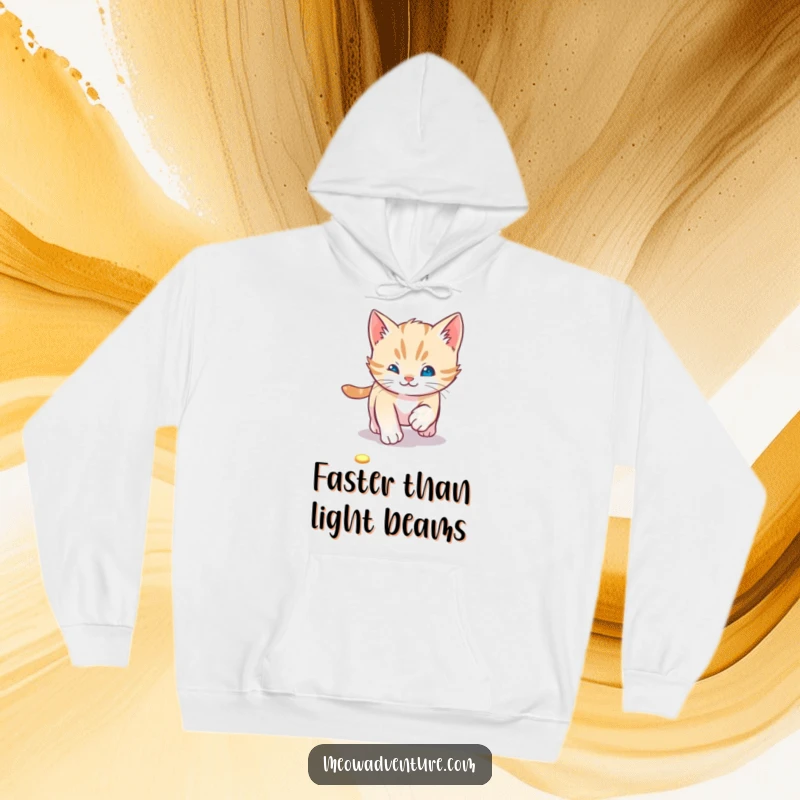 Playful kitten hoodie featuring a cat chasing a laser pointer dot, offering cozy comfort and a humorous design.