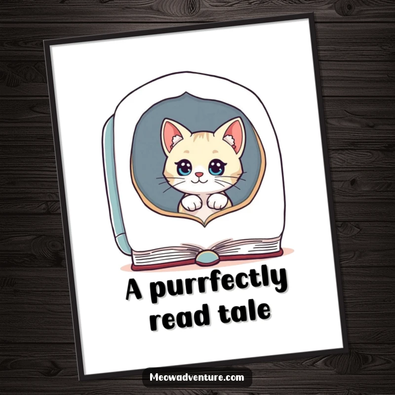 Funny Free Printable Wall Art: A curious cat peeks from inside a giant, open book, inviting you into a world of imagination.