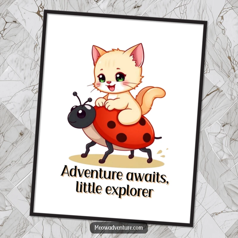 Funny Free Printable Wall Art: A happy kitten rides a ladybug like a steed, adding whimsical charm to any room.
