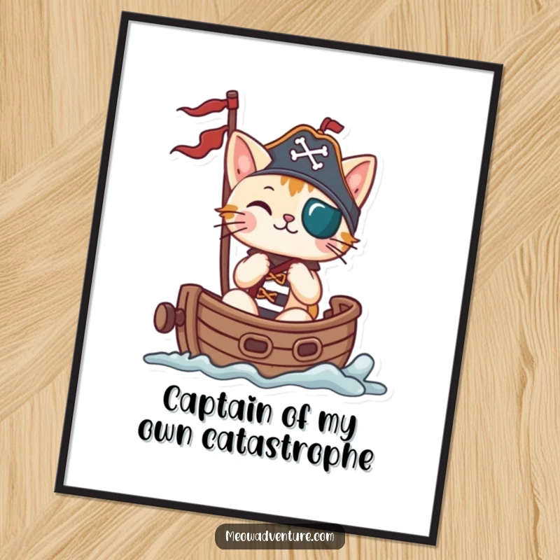 Funny Free Printable Wall Art of a playful cat captaining a tiny pirate ship on the high seas.