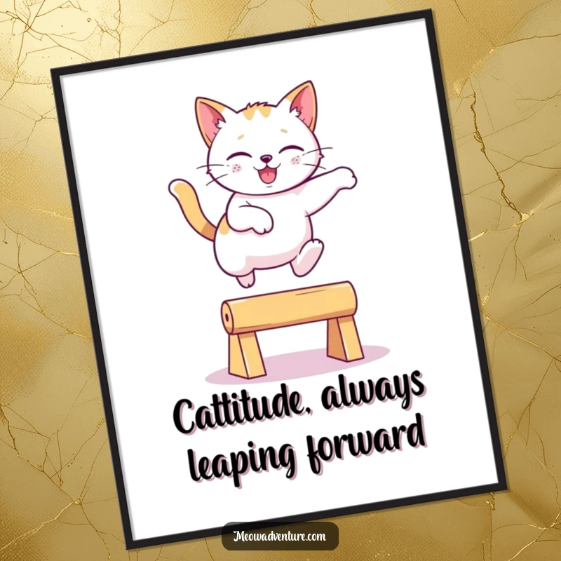 Funny Free Printable Wall Art: A lithe cat gracefully leaps over an invisible obstacle with playful ease.