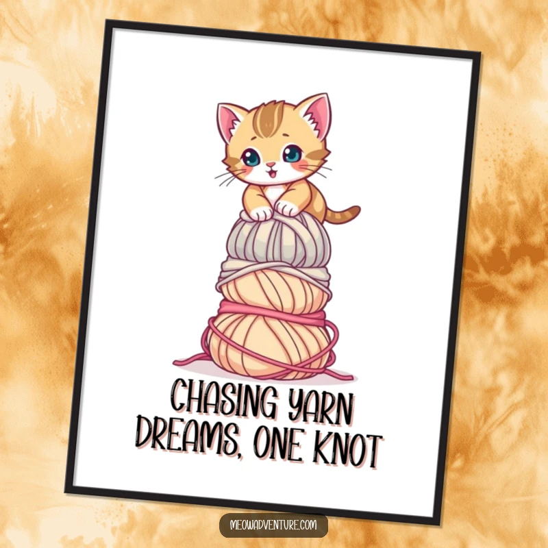 Funny Free Printable Wall Art: A small but determined kitten climbing a very tall stack of colorful yarn.