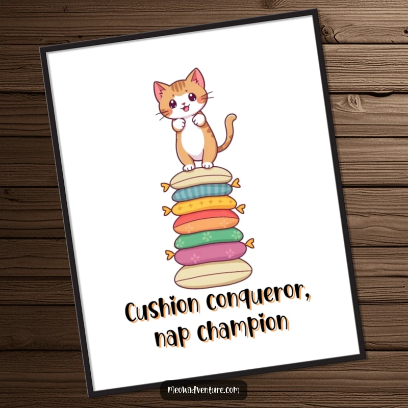 Funny Free Printable Wall Art: A brave cat confidently scales a tall stack of vibrant, colorful cushions, reaching new heights.
