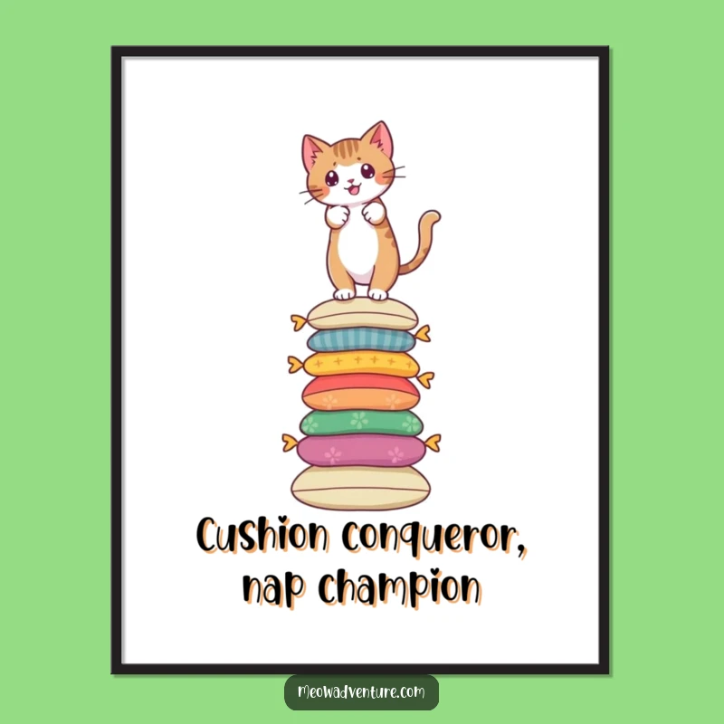 Free Printable Wall Art: Brave Cat Pillow Climb - Funny Downloadable Cat Art