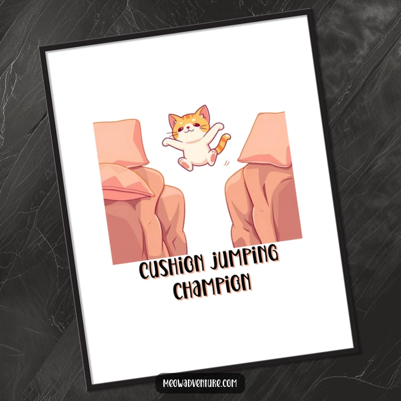 Funny Free Printable Wall Art: An adventurous cat captured mid-leap, bravely crossing a wide chasm between two cushions, embodying courage and action.