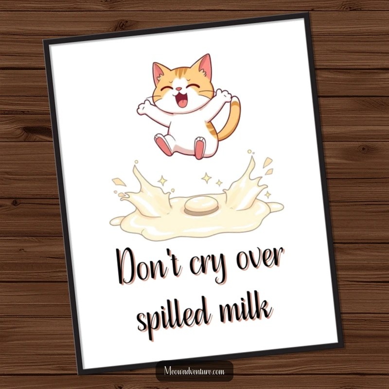 Funny Free Printable Wall Art: A determined cat performs an impressive leap over a sparkling river of spilled milk, embodying ambition.