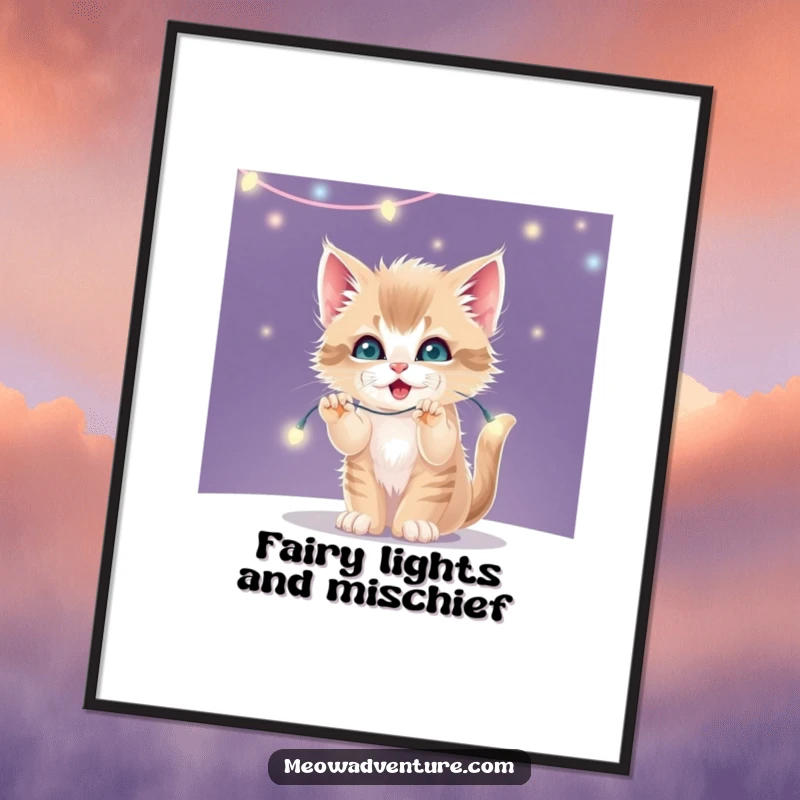 Funny Free Printable Wall Art: Mischievous kitten batting playfully at a string of bright, twinkling fairy lights. Festive and fun.