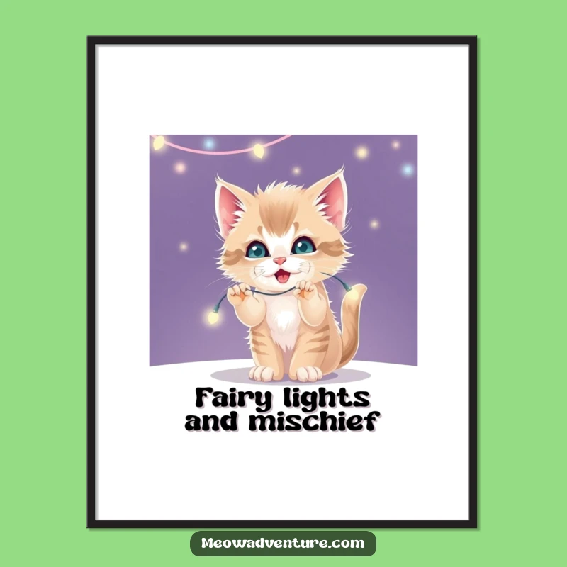 Funny Free Printable Wall Art: Mischievous Kitten & Fairy Lights - Whimsical Downloadable Decor