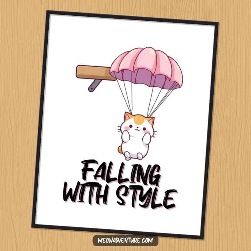 Funny Free Printable Wall Art: A fluffy cat descending gently from a high shelf using a small parachute.