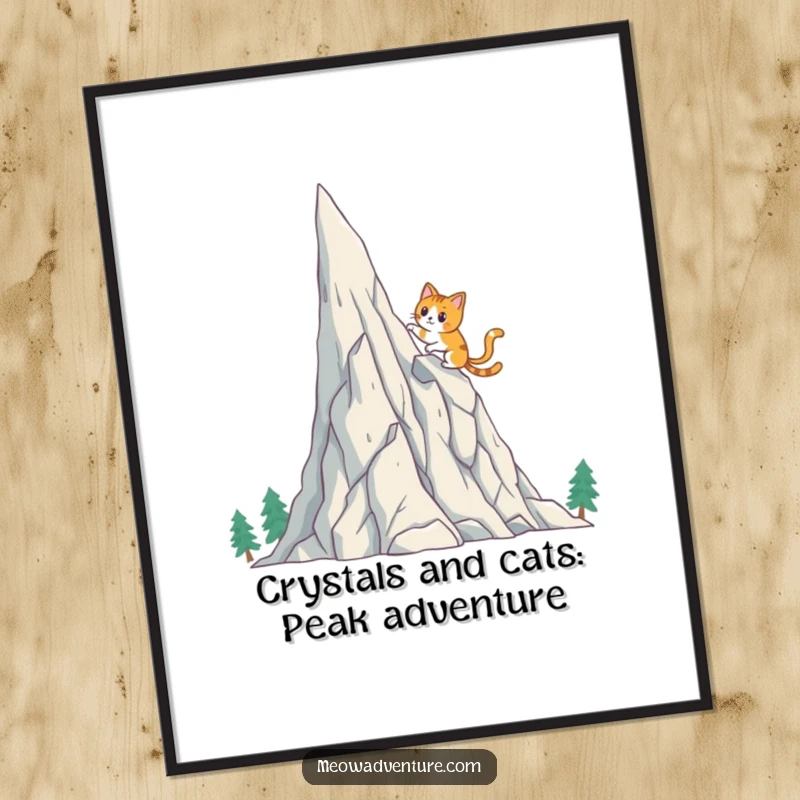 Funny Free Printable Wall Art: Brave cat heroically climbing a towering, shimmering crystal mountain.
