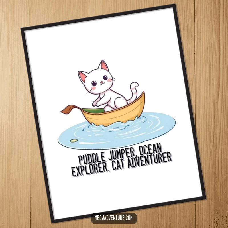 Funny Free Printable Wall Art: Adventurous cat sailing a leaf boat across a puddle, a humorous and charming downloadable art for your home, print at home.