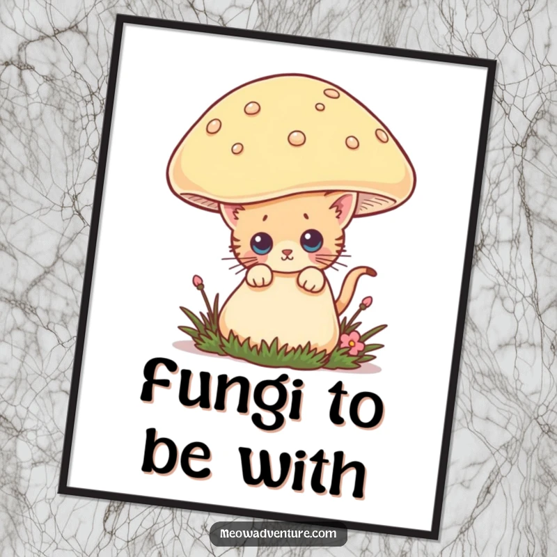 Funny Free Printable Wall Art: A curious kitten peeks from behind a giant mushroom, creating a whimsical and humorous piece of art for your home.