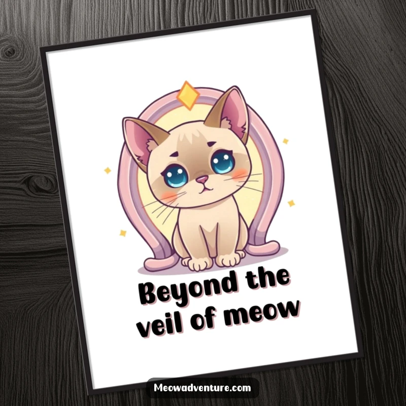 Funny Free Printable Wall Art: A Siamese cat with wide, curious eyes peering into a dazzling, magical glowing portal.