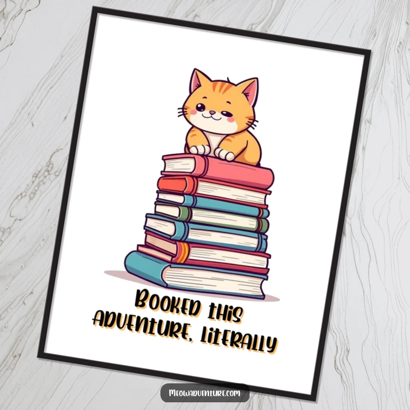 Funny free printable wall art: A focused cat scales a towering stack of books like a formidable mountain.