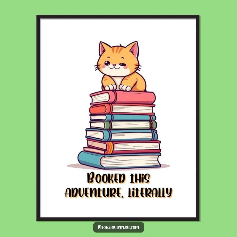 Free Printable Wall Art: Determined Cat Climbs Books Mountain, Funny Downloadable Art