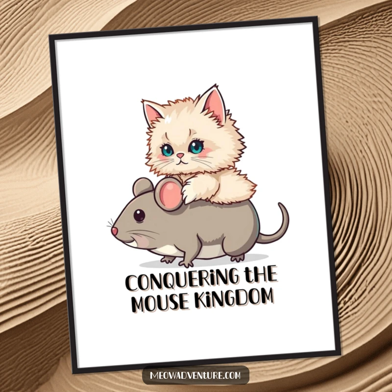 Funny Free Printable Wall Art: A fluffy Persian cat confidently riding a giant, oversized toy mouse with a determined look.