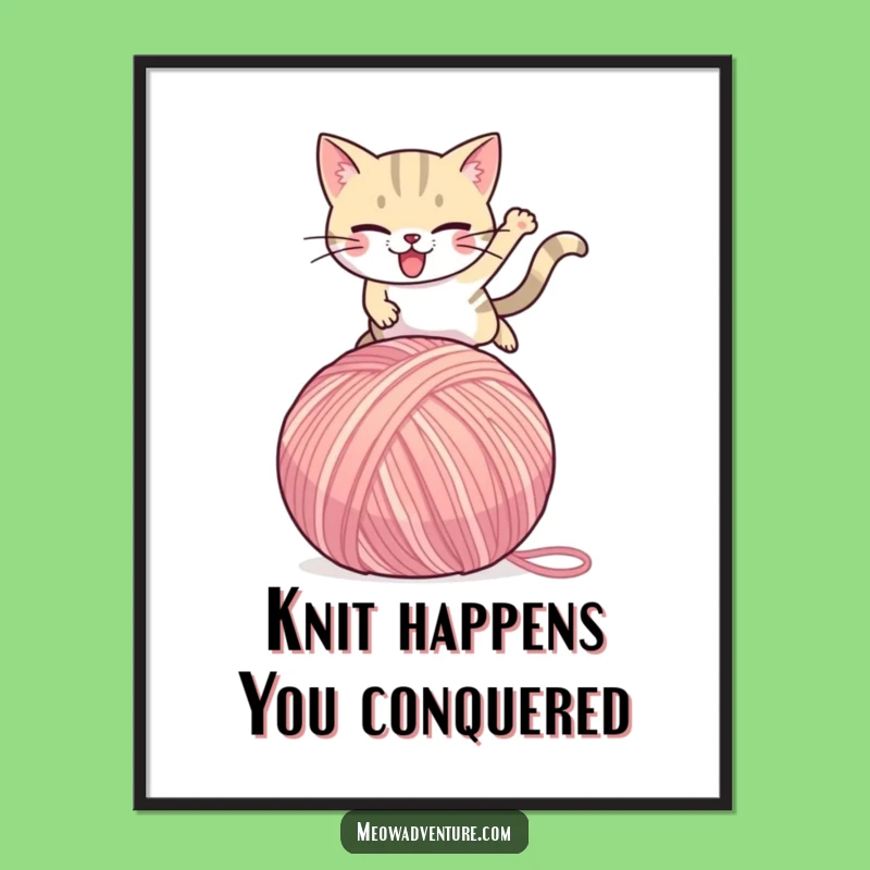 Free Printable Wall Art: Funny Determined Cat Leaping Yarn, Whimsical Downloadable Art!