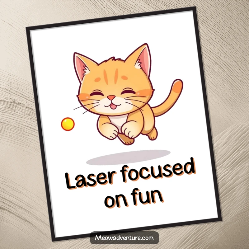 Funny Free Printable wall art: A ginger cat in full chase, eyes fixed on a bright red laser dot.