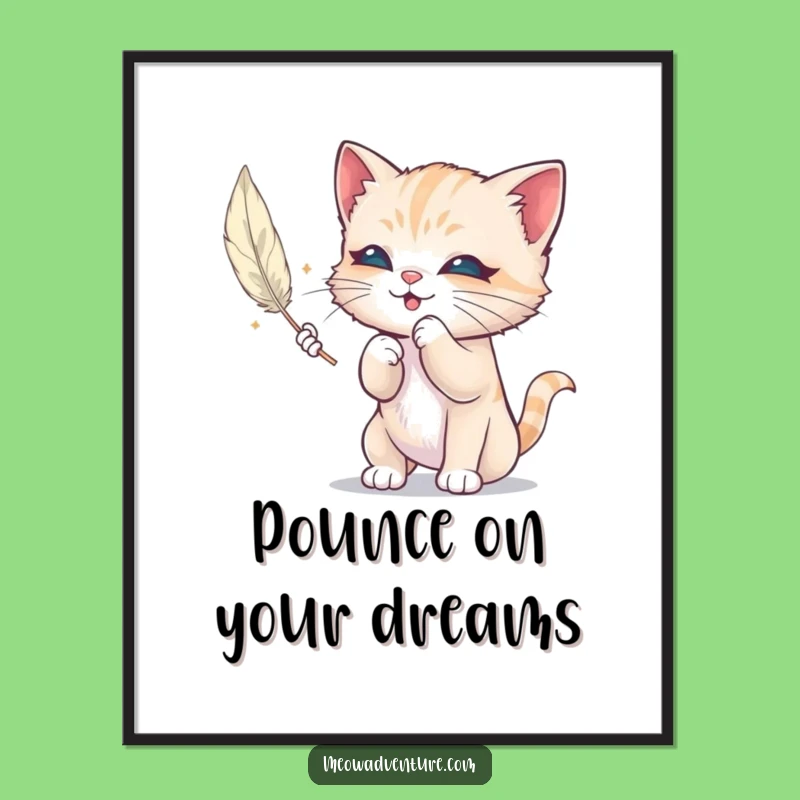 Free Printable Wall Art: Mischievous Kitten Feather Delight, Funny Downloadable Art