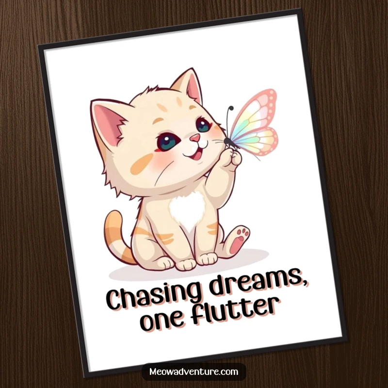 Funny Free Printable Wall Art: A playful cat joyfully bats at a shimmering, magical butterfly, creating a scene of whimsical delight.