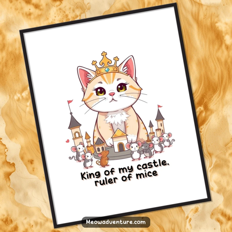 Funny Free Printable Wall Art: Regal cat surveying its miniature kingdom populated by toy mice, humorous and majestic downloadable art, print at home.