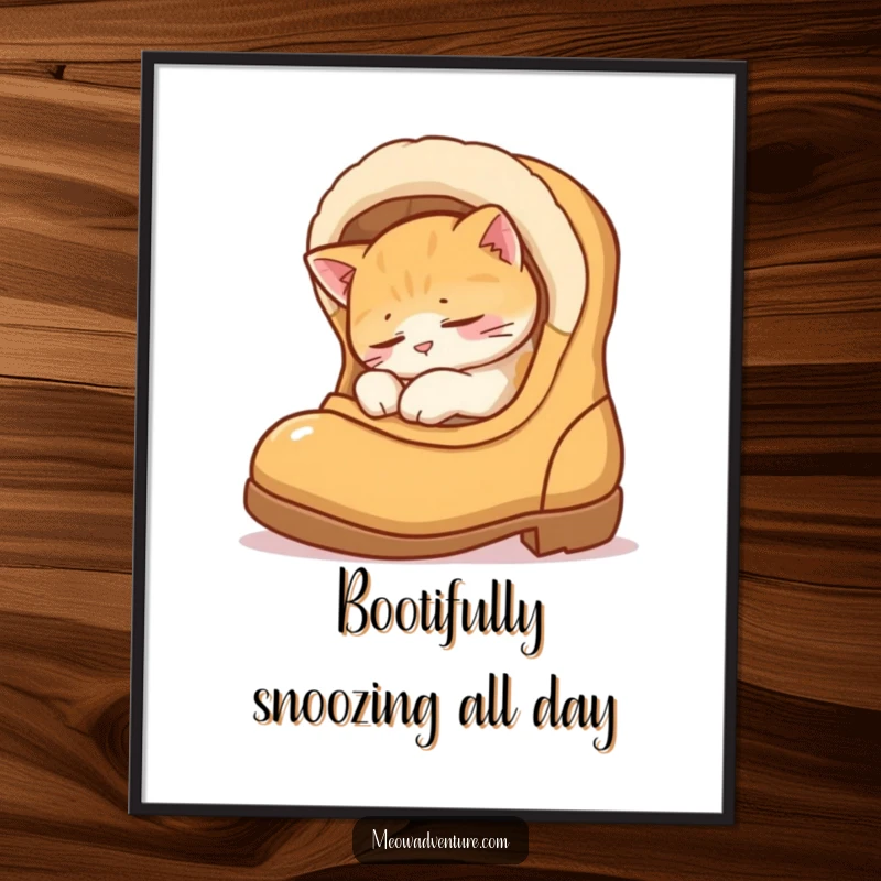 Funny free printable wall art: A very relaxed, sleepy cat is curled up cozily inside a worn boot.