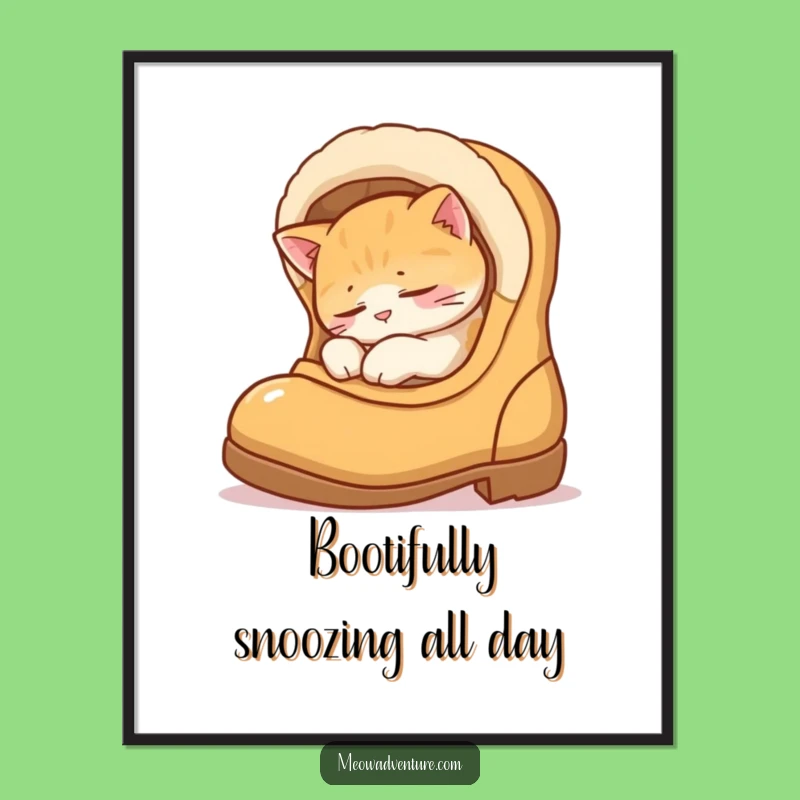 Free Printable Wall Art: Sleepy Cat in Boot, Cozy Funny Downloadable Art