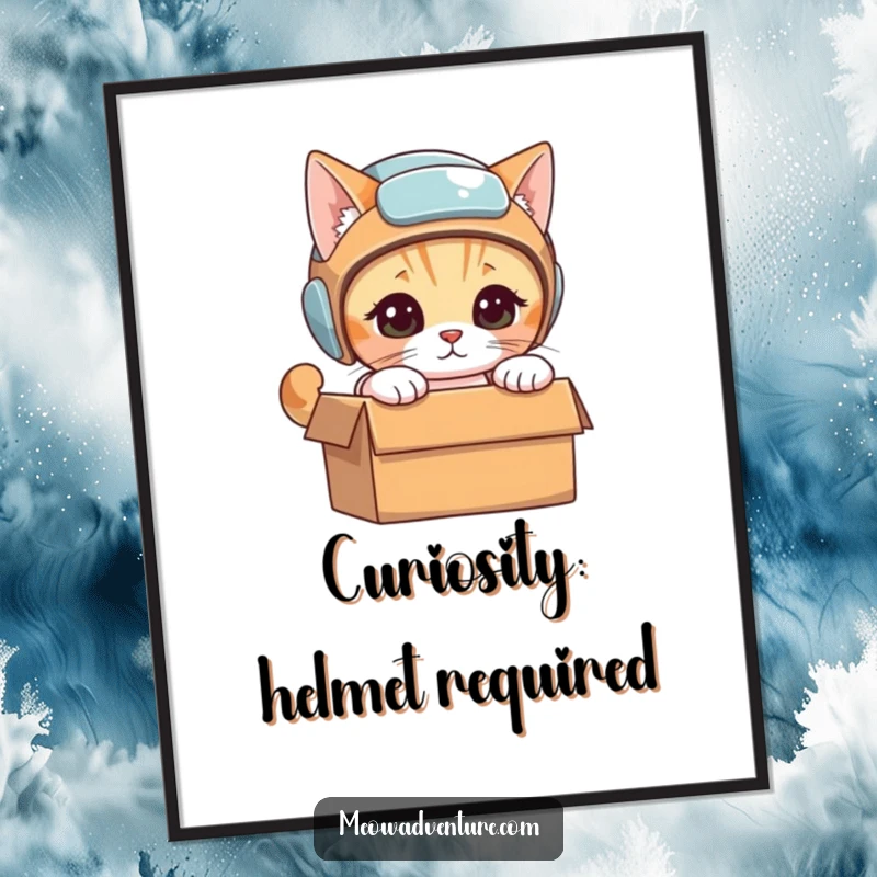 Funny Free Printable Wall Art: An adventurous cat with a tiny helmet peers into a mysterious, unopened box.