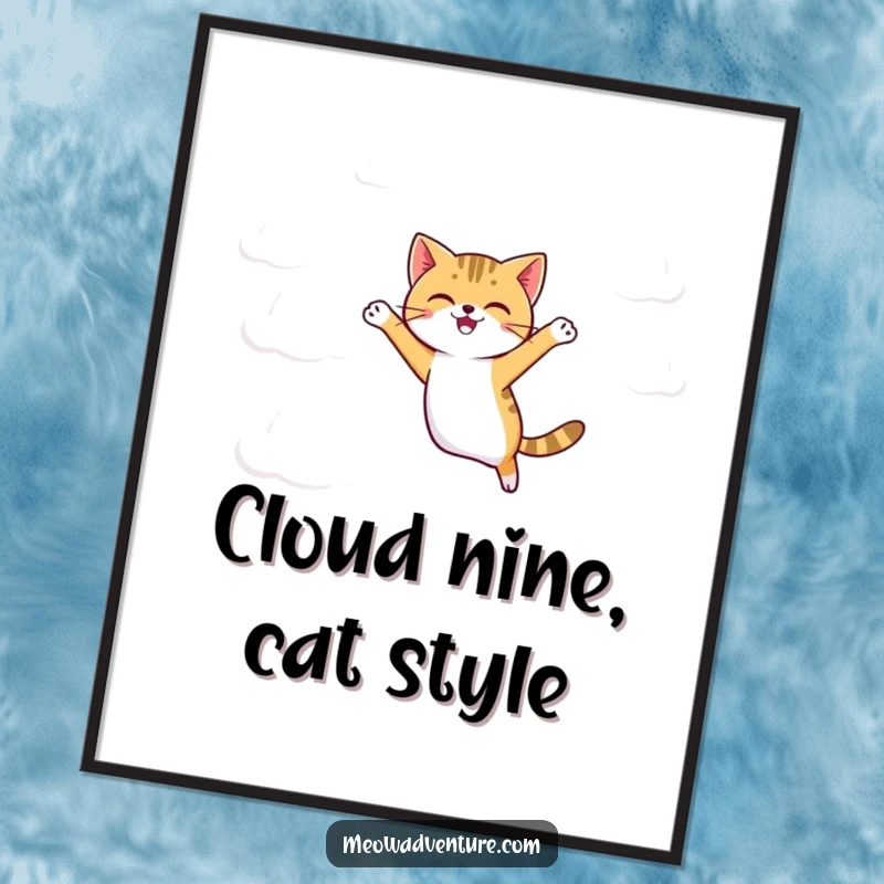 Funny Free Printable Wall Art: Agile cat jumping between floating cartoonish clouds, inspiring wonder and joy.