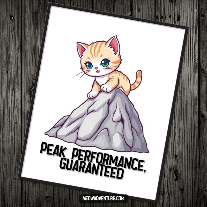 Funny Free Printable Wall Art: A focused kitten scales a miniature mountain, representing perseverance and achievement in a charming way.