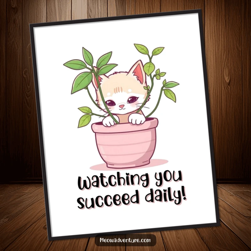Funny Free Printable Wall Art: A curious, stealthy kitten with watchful eyes peeking from behind the leaves of a potted plant.