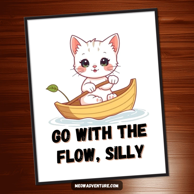Funny Free Printable Wall Art: An adventurous kitten skillfully rows a miniature leaf boat, creating a serene and charming scene.