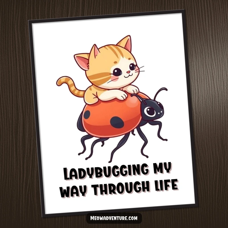 Funny Free Printable Wall Art: Mischievous cat gleefully rides a giant ladybug, quirky and humorous downloadable art for your walls, print at home.