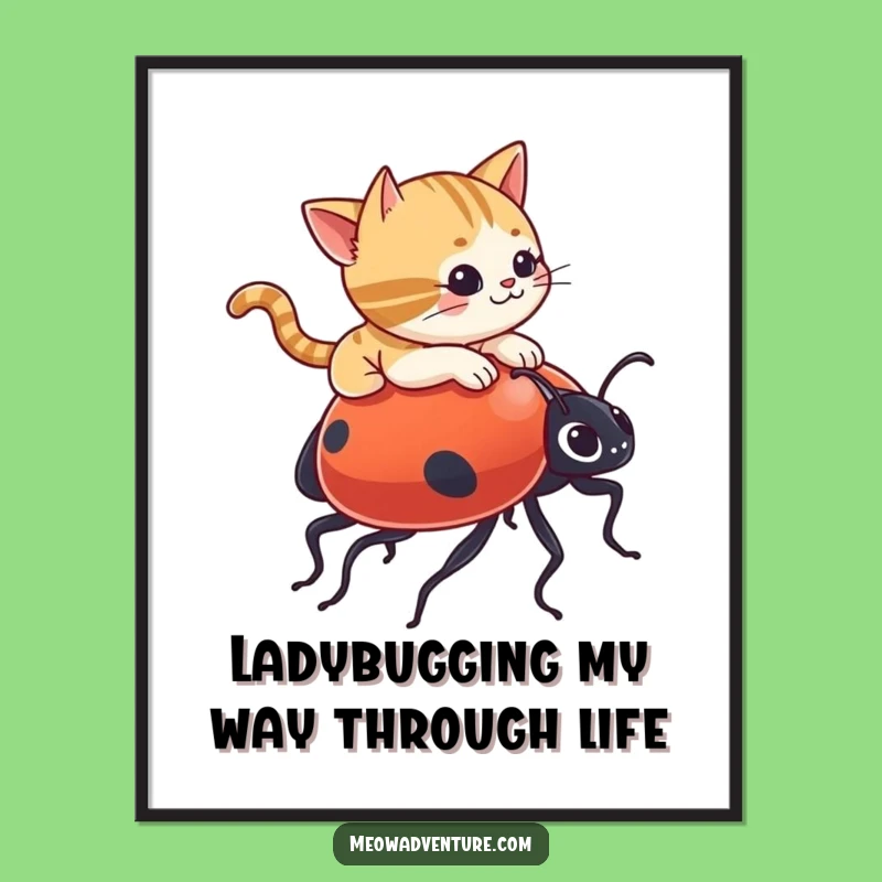 Free Printable Wall Art: Mischievous Cat Ladybug Ride - Funny Downloadable Art for Home