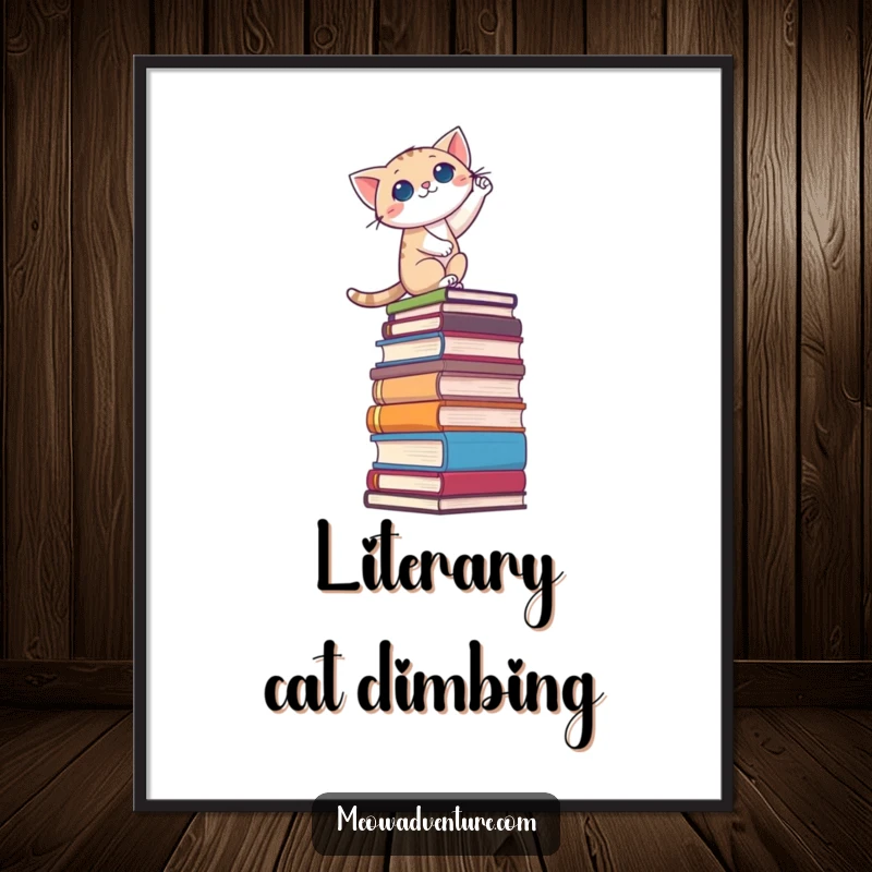 Funny Free Printable Wall Art: A brave cat determinedly climbing a very tall stack of books, conveying a message of ambition and knowledge.