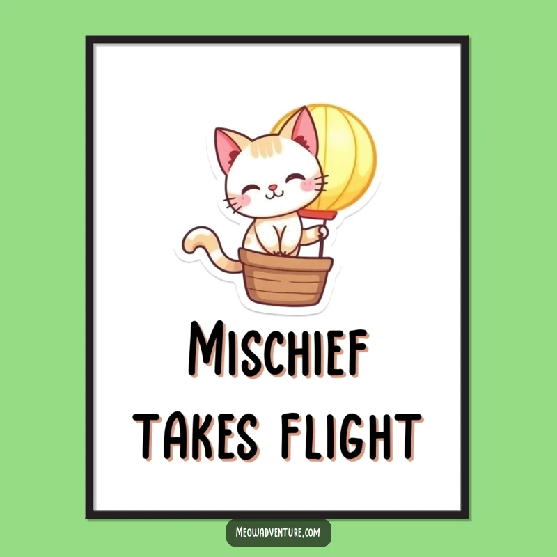 Free Printable Wall Art: Mischievous Cat Balloon Ride, Whimsical Downloadable Art!