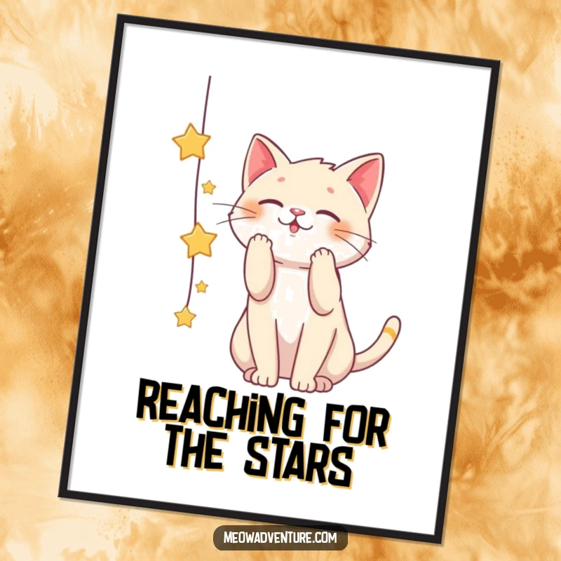 Funny Free Printable Wall Art: A playful cat joyfully batting at a dangling string of shiny stars, creating a whimsical and dreamy atmosphere.