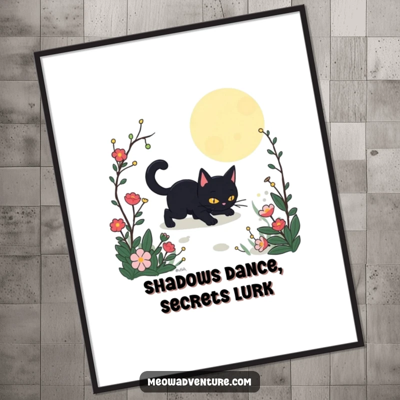 Funny Free Printable Wall Art: A silent black cat creeping through a beautiful, dark garden illuminated by moonlight.