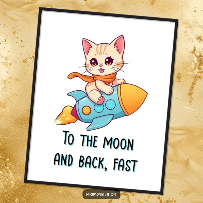 Funny Free Printable Wall Art: A brave kitten rides a toy rocket, creating exciting and humorous decor.