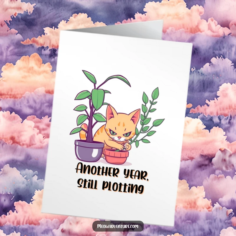 Funny Free Printable Birthday Card: Stealthy cat peers with intense focus from behind a lush houseplant.