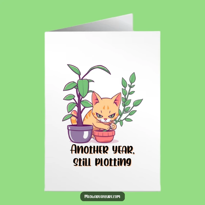 Free Printable Funny Cat Birthday Card: Stealth Cat Behind Plant - Downloadable Gift!