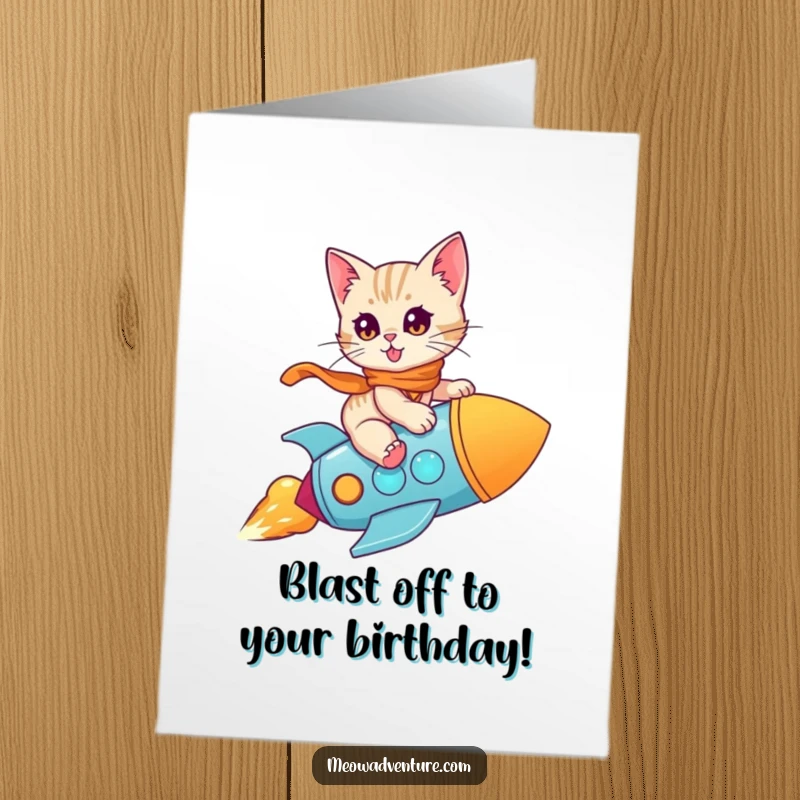 Funny Free Printable Birthday Card: A brave kitten rides a colorful toy rocket, embarking on a birthday mission.