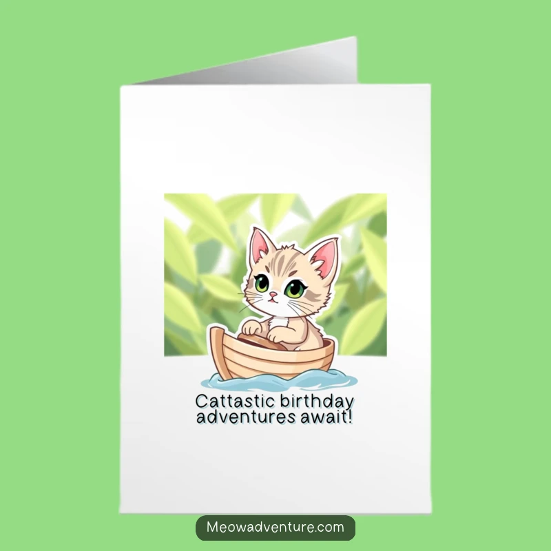 Free Printable Birthday Kitten Card: Leaf Boat Adventure - Funny Downloadable Gift