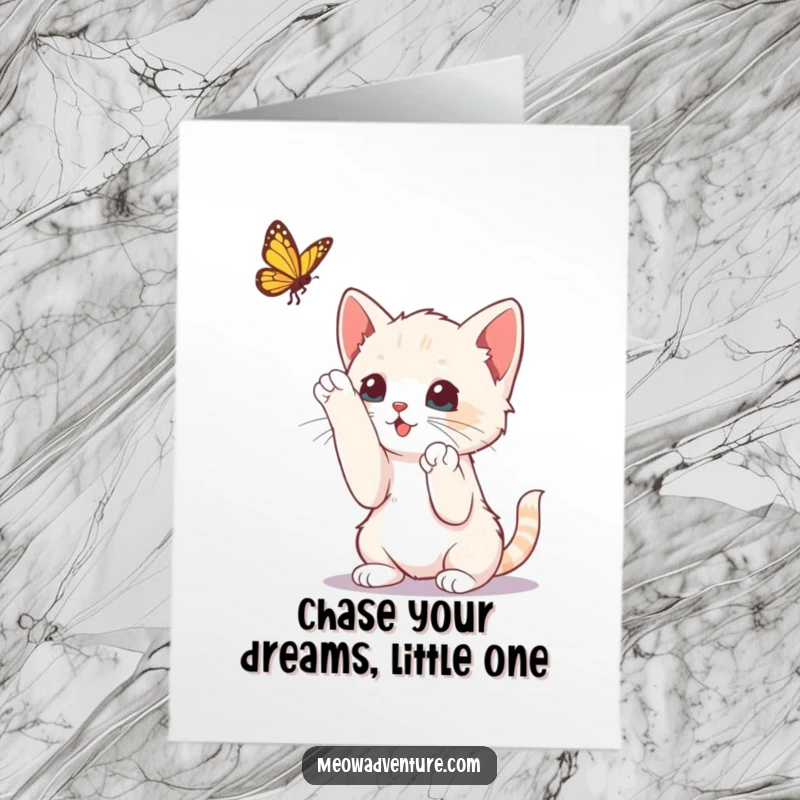 Funny Free Printable Birthday Card: A curious kitten with paws raised, playfully batting at a colorful dangling butterfly.