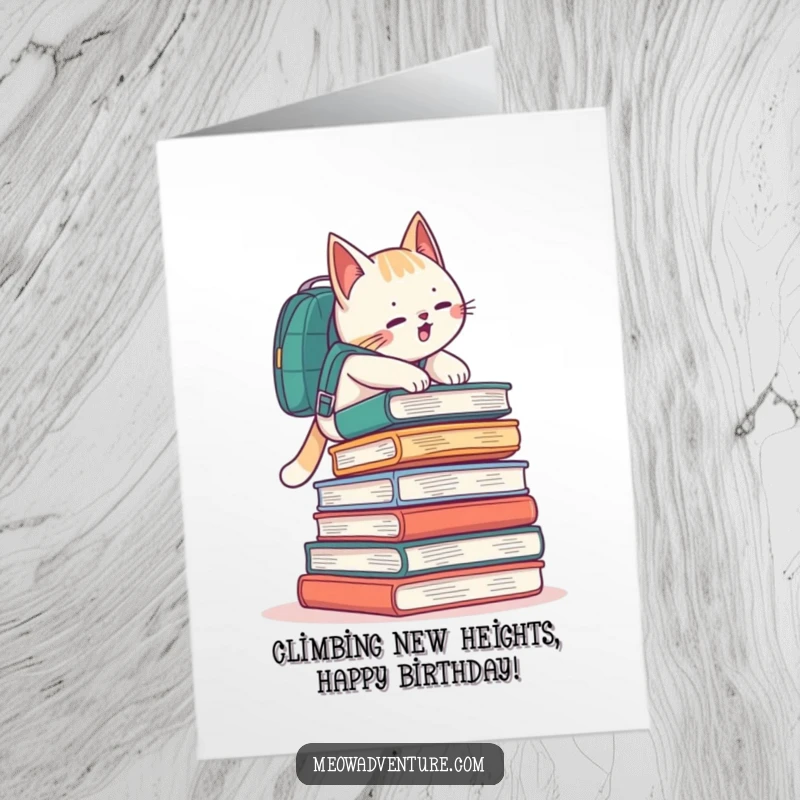 Funny Free Printable Birthday Card featuring a playful cat with a backpack, climbing a tall stack of books like a mountain.