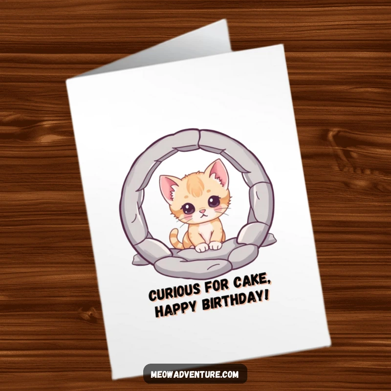 Funny Free Printable Birthday Card: Curious kitten peeking into a swirling, mysterious portal, hinting at birthday surprises and adventures.